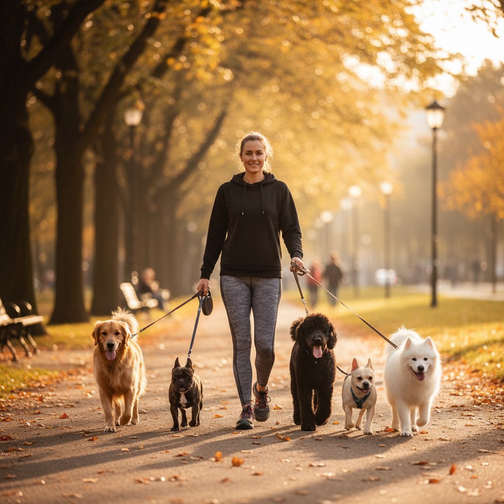 Professional dog walker with happy dogs in London park